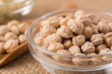 Garbanzo beans or chickpeas in a glass bowl with copy space.