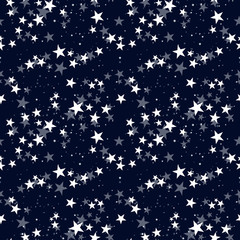 Seamless vector pattern with white stars on dark blue sky. Background for dress, manufacturing, wallpapers, prints, gift wrap and scrapbook. 
