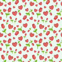 Seamless vector pattern with pink tulips white background.  Floral seamless background for dress, manufacturing, wallpapers, prints, gift wrap and scrapbook. 
