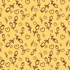 Seamless vector pattern with silhouettes of tulips and leaves on yellow background.  Floral seamless background for dress, manufacturing, wallpapers, prints, gift wrap and scrapbook. 
