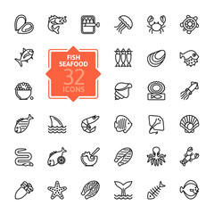 Fish and seafood - outline icon collection, vector