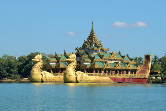 View of the royal Karawait barge on the Kandawgyi lake in downtown Yangon. Myanmar