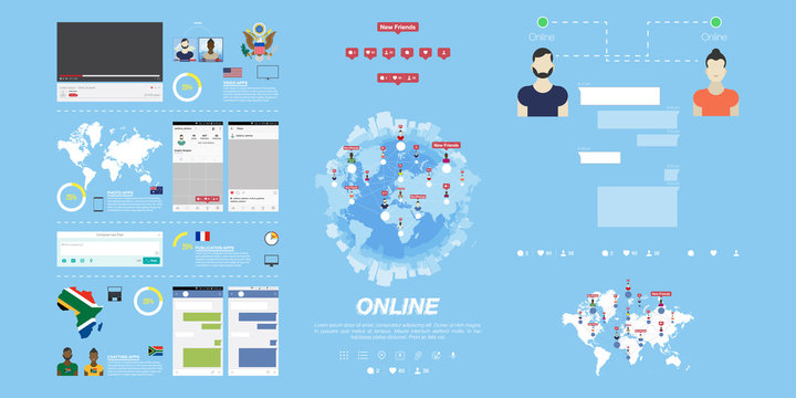 Set of social app for Internet communication. Concept digital marketing - social networking. Flat vector illustration EPS 10.
