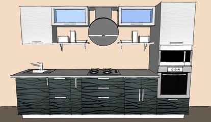 Sketch drawing of grey 3d modern kitchen interior with round hood