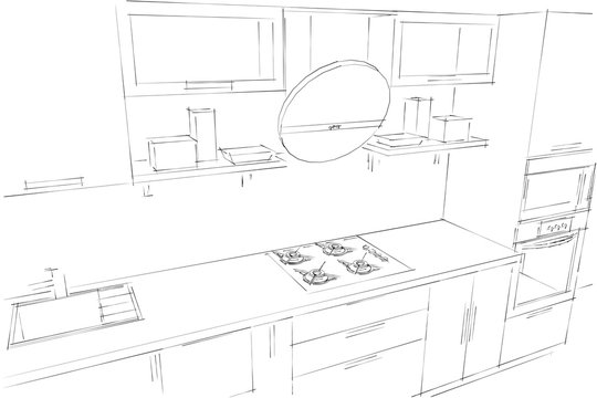 Sketch drawing of 3d modern kitchen interior with round hood 