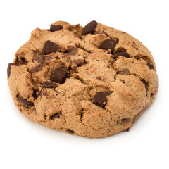 One Chocolate chip cookie isolated on white background. Sweet bi