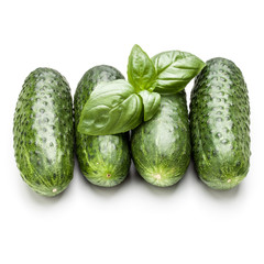 Cucumber vegetable and basil leaves isolated on white background