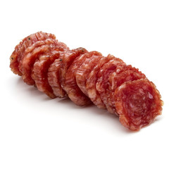 Salami smoked sausage slices isolated on white background cutout