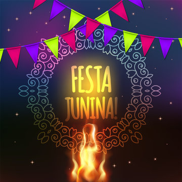 Festa Junina party greeting design with garland and explosion of colored confetti. Vector illustration EPS10