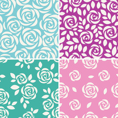 Set of vector seamless patterns with abstract roses. Floral background with flower silhouette