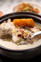 red ginseng chicken soup.   hongsam  samgyetang