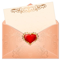 Greeting valentine hearts in an envelope. Romantic red and pink heart with ornaments on a white background illustration