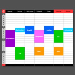 Week schedule. The illustration shows a template for a week planner