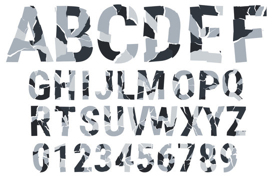 Brocken font - urban camouflage. Decorative alphabet. A-Z, 0-9. Vector illustration