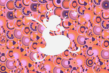 Singer with white shape is singing and dancing on colorful background.