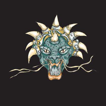 Decorative dragon head with horns print
