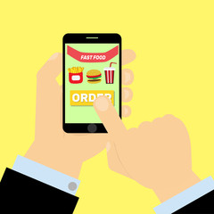 Finger presses order fast food button on smartphone