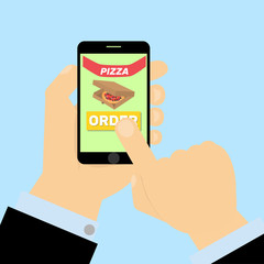 Finger presses order pizza button on smartphone