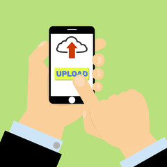 Fototapeta premium Finger presses upload button on smartphone