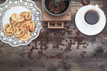 Breakfast in the vintage style. Coffee, cookies. View from above