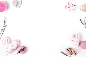 Romantic decoration frame. Macaroon, lavender, hearts, candle, gift. flat lay