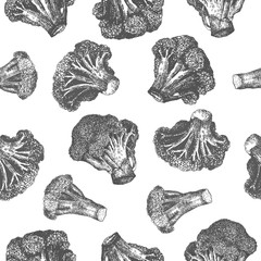 Seamless pattern design or background with broccoli. Hand drawn illustration by ink and pen sketch. Can use for fruit and vegetable products and health care goods packaging.