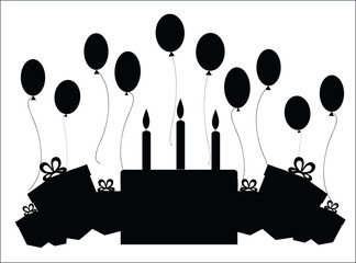 card with a silhouette of a cake with candles, balloons, birthday gifts, vector image