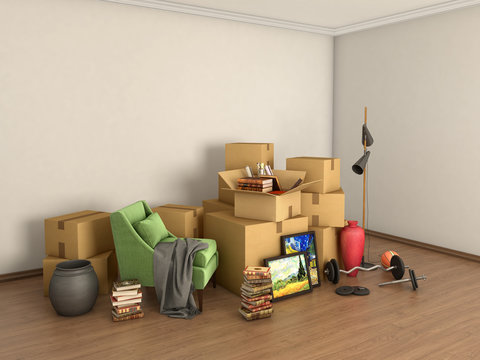 boxes with things in the middle of an empty room, 3d illustratio