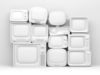 Pile of retro TV - white toned. 3d illustration