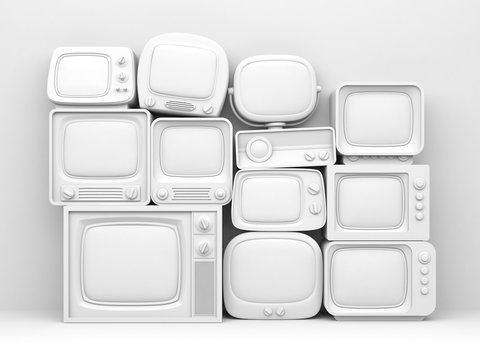 Pile of retro TV - white toned. 3d illustration