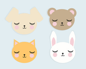 Face of cute animals with eyes closed, vector image