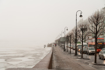 Palace Embankment in winter fog in the afternoon