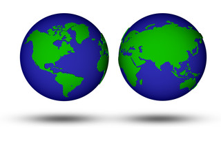 Two globes showing different continents isolated on a white background