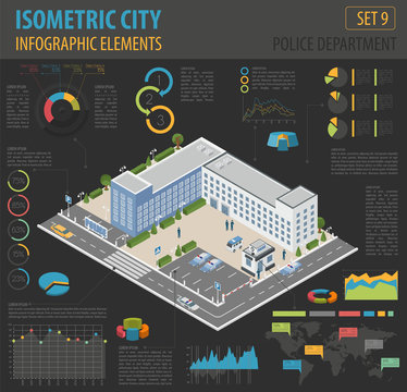 Flat 3d isometric Police Department and city map constructor ele