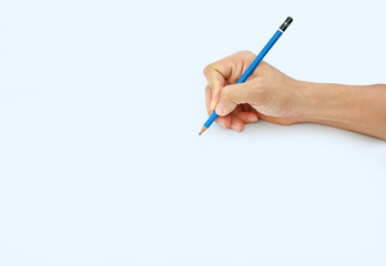 Woman hand holding a pencil on a white paper background