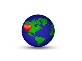 The globe with 3d heart dropped in Los Angeles isolated on a white background