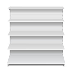 Long Blank Empty Showcase Displays With Retail Shelves Front View 3D Products On White Background Isolated. Ready For Your Design. Product Advertising. Vector EPS10