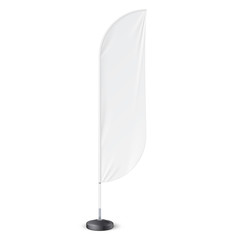 Outdoor Feather Flag With Ground Fillable Water Base Stand. Banner Shield Mock Up, Template. Illustration Isolated On White Background. Ready For Your Design. Product Advertising. Vector