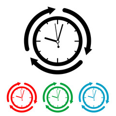 Icono plano reloj con flechas girando en varios colores