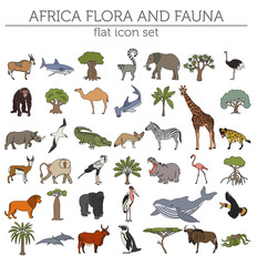 Flat Africa flora and fauna map constructor elements. Animals, b