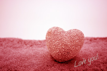Obraz premium abstract glass heart on snow at night. Card for a Valentine's day. Forgive me, miss you love you words red or greyscale colored. selective