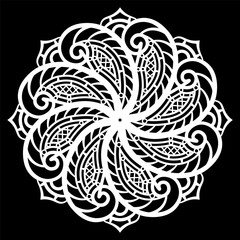 Lace round paper doily, lacy snowflake, greeting element,  template for cutting  plotter, round pattern, laser cut  template, doily to decorate the cake,  vector illustrations.