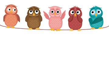 Five cute colored owlet sitting on a rope. A red hearts with a picture hanging on a rope.  Valentine's Day. Vector illustration. Greeting card with empty space for the label or advertising.