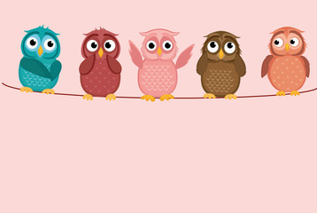 Obraz premium Five cute colored owlet sitting on a rope. A red hearts with a picture hanging on a rope. Valentine's Day. Vector illustration. Greeting card with empty space for the label or advertising.