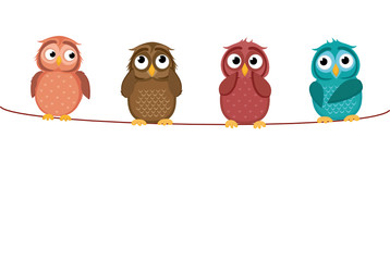 Four cute colored owlet sitting on a rope. A red hearts with a picture hanging on a rope.  Valentine's Day. Vector illustration. Greeting card with empty space for the label or advertising.