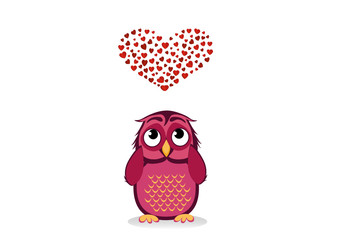 Cute owlet dreams of love. Owl looks at the heart top. Greeting card for Valentine's Day. 