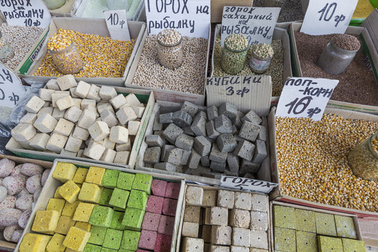 Sale of spices market in Ukraine. The price tags on each product