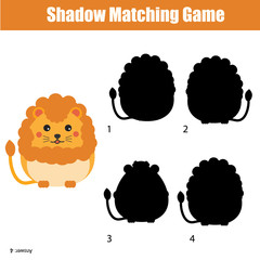 Shadow matching game. Find the correct silhouette for cute lion, kids activity, worksheet