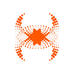 Abstract dotted symbol. Halftone effect surface. Black dots on white background. Orange and white sunburst