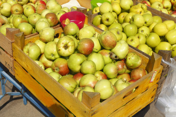 Frische Äpfel  in Kisten auf einem Marktstand